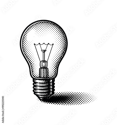 An old-fashioned light bulb turned off, isolated as the only object, shown in monochrome halftone dot pattern
