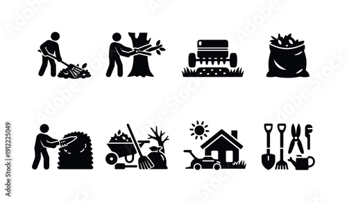 Yard care services. Filled icon set of Yard care services: leaf raking, tree trimming, lawn aeration, garden waste bag,