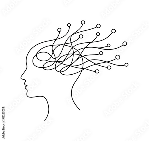 Brain Development. Minimalistic one-line drawing of a human head with abstract neural lines expanding outward