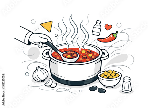 Comfort food preparation. Close-up scene of bubbling chili pot, ladle dipping in, abstract heat waves and aroma lines