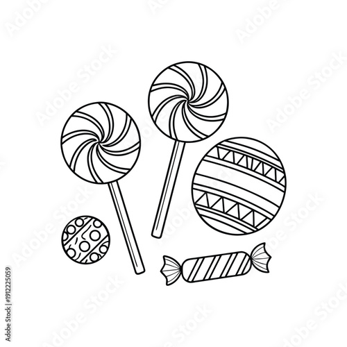 Colorful illustration of various sweet candies and lollipops on white background