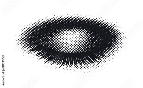 A human eye closed and completely shadowed, pupil area rendered as a solid dark halftone field, shown as a high-contrast