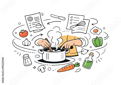 Home cooking. Hands stirring a pot while recipe notes float in the air, vegetables and utensils orbiting softly. The