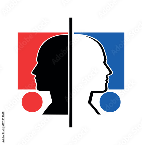 Modern graphic collage illustrating inner conflict split into two human figures, mirrored black and white faces facing