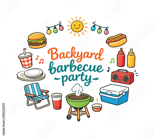 Backyard barbecue party. Hand drawn illustration of Backyard barbecue party. outdoor grill, string lights, burger bun,