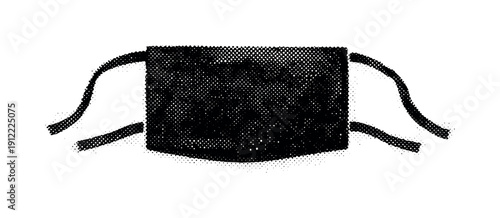 A historical medical mask reduced to bold graphic shapes, rectangular cloth and narrow straps simplified into an