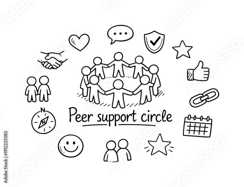 Peer support circle. Hand-drawn doodle illustration of Peer support circle. In the middle, one slightly larger central