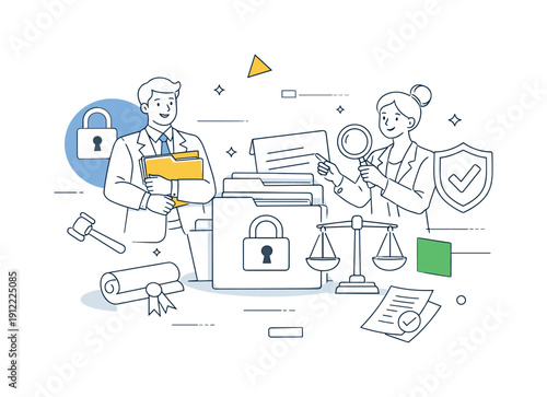 Legal Archive Illustration. Legal Records. Secure archive of files with subtle lock and scale symbols, confidence and
