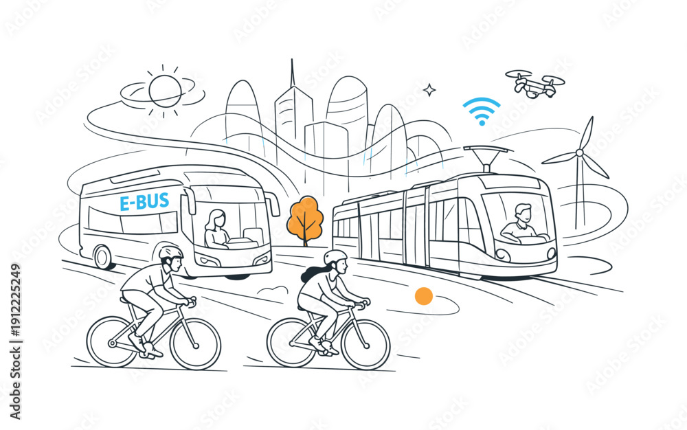 Naklejka premium Future city transportation. Electric bus and tram sharing road with bikes, abstract skyline and energy lines around.