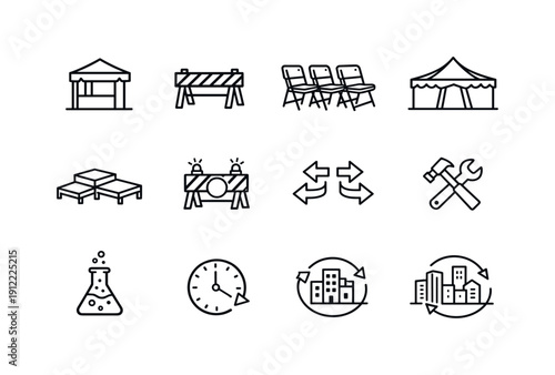 Temporary urban interventions. Line outline icon set of Temporary urban interventions: pop up structure, movable barrier