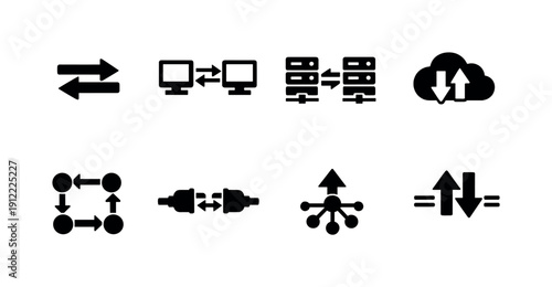 Network transfer icons. Filled icon set of Network transfer icons: network arrows, data flow, server exchange, peer