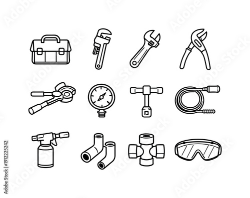 Professional plumber equipment. Line outline icon set of Professional plumber equipment: tool bag, pipe wrench,