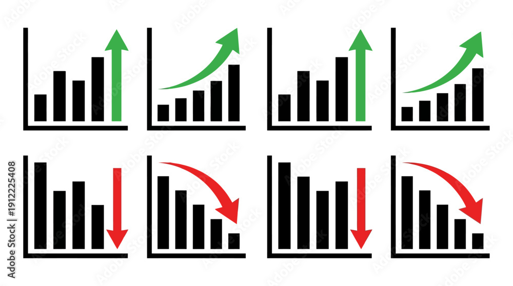 Fototapeta premium Business growth and decline graphs with arrows showing trends
