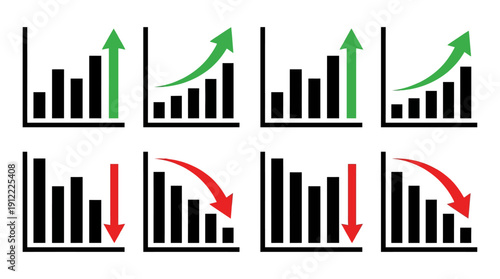 Business growth and decline graphs with arrows showing trends