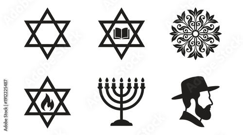 Jewish symbols collection featuring Star of David and menorah