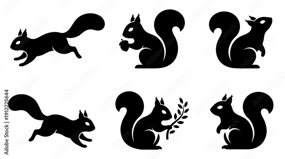 Fototapeta premium Collection of six black squirrel silhouettes in various poses