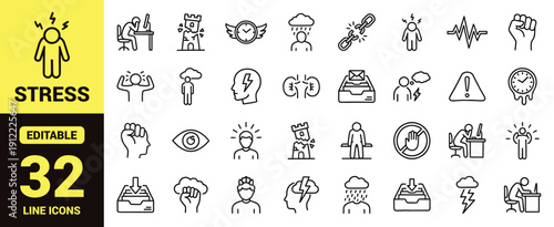 Mental health and wellness icon set with stress, anxiety, meditation, yoga, relaxation, empathy, self‑care, emotional support, and essential mental health ranking symbols in line‑art style