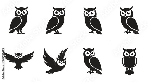 Set of modern owl silhouettes in various poses and styles