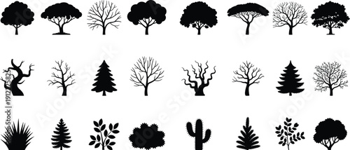Tree silhouette collection, botanical icons set, diverse tree shapes, seasonal foliage illustrations, evergreen and deciduous varieties, vector nature elements pack