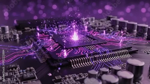 Glowing Purple Circuit Board with Sparking Microchip.