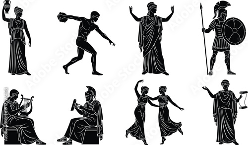 Ancient Greek Culture Silhouette Set Featuring Spartan Warrior Olympic Discus Thrower Musician Playing Lyre Greek Goddess Philosopher With Scroll And Traditional Mythology Figures