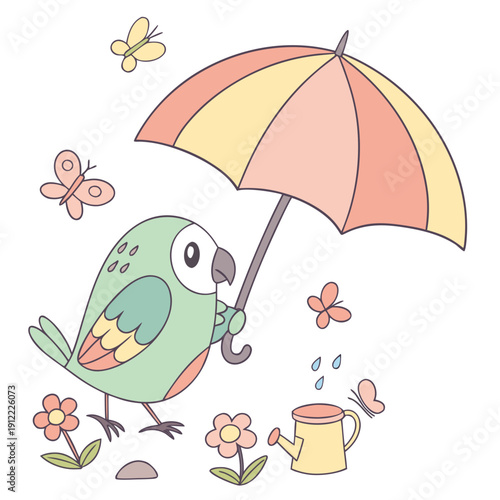 Shy Parrot with under an umbrella, set in a charming Spring garden theme – Spring Garden color vector art