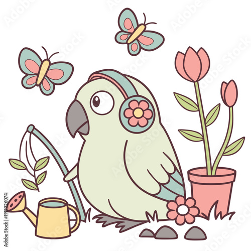 Shy Parrot with wearing headphones, set in a charming Spring garden theme – Spring Garden color vector art