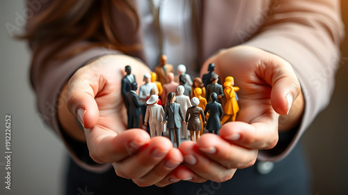 A close-up of businesswoman's hands gently cradling figures of people, symbolizing unity, diversity, and inclusivity. Supportive and caring atmosphere.