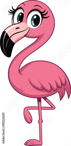Cartoon flamingo  pink color standing on one leg cute isolated with background