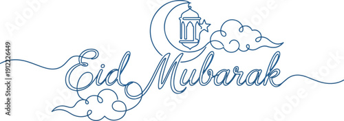 Minimalist Blue Continuous Line Drawing Eid Mubarak Vector with Crescent Moon and Lantern 2026
