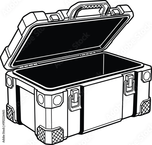 Rugged hard-shell storage case with reinforced corners and open lid for industrial and professional use - black vector illustration