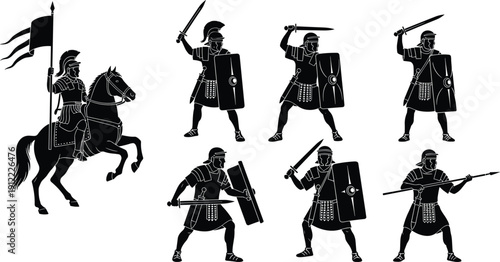 Ancient Roman legionary soldier silhouette icons set featuring centurion on horseback with flag, infantry with swords, shields, and spears in combat battle positions.