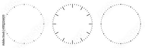 Blank clock face template with hour and minute markers. Analog clock dial with a precise time scale. Collection of clock faces isolated on a transparent background. Vector