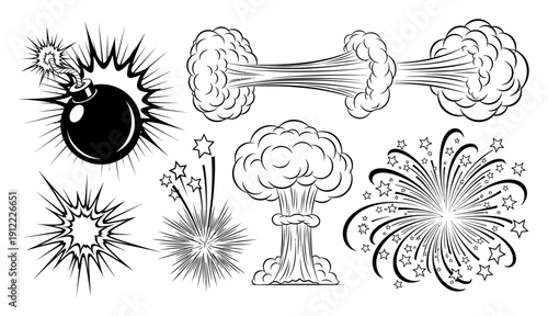 Black and White Comic Book Style Explosions and Fireworks Collection bomb cartoon