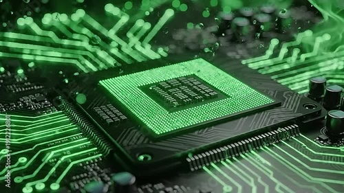 Green glowing microchip on a circuit board with neon lights.
