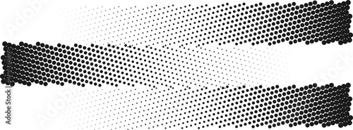 Straight dotted spots using halftone circle dot raster texture. Vector blot half tone collection.