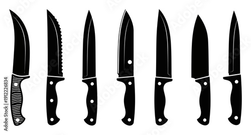 Collection of black kitchen and utility knife silhouettes a white background cutlery