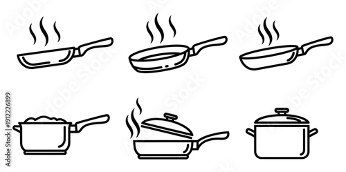 Collection of Cooking Pots and Pans with Steam White Background kitchen