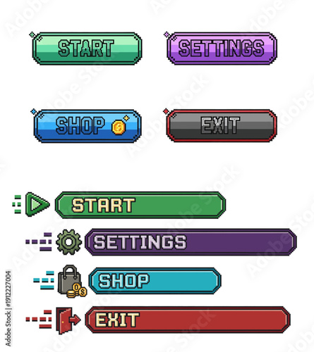 A pixel art illustration of a start menu interface with settings, shop, and exit buttons in a vibrant, digital environment from a direct viewpoint.