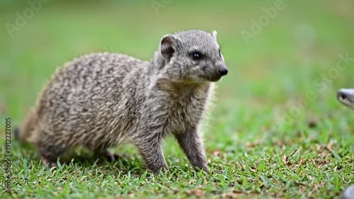Close-up of a curious young rock hyrax exploring a vibrant green grassy field, showcasing its detailed fur and alert posture in a natural outdoor environment