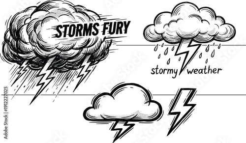 Storm cloud and lightning illustrations with dramatic text for weather and educational theme - black and white vector illustrationStorm cloud and lightning illustrations