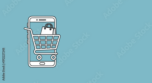Online Shopping Concept – Shopping Cart and Smartphone in Modern Flat Monoline Vector with Copy Space