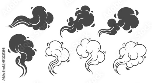 Set of stylized smoke and steam cloud in dark gray and outline styles vapor