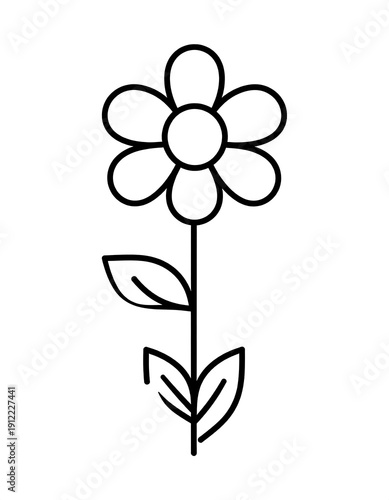 Simple black outline drawing of a daisy. The flower has a central circle with rounded petals and a straight stem with leaves