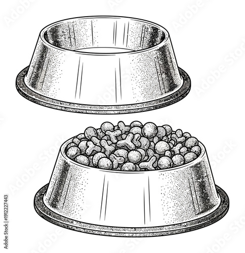 Pet Food Bowls Empty Full of Kibble and Bone Shaped Treats