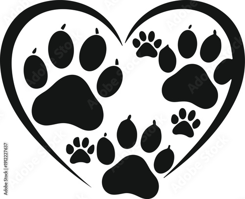 Curved heart outline with multiple paw prints vector illustration, pet love symbol design for animal care, adoption, welfare services icon