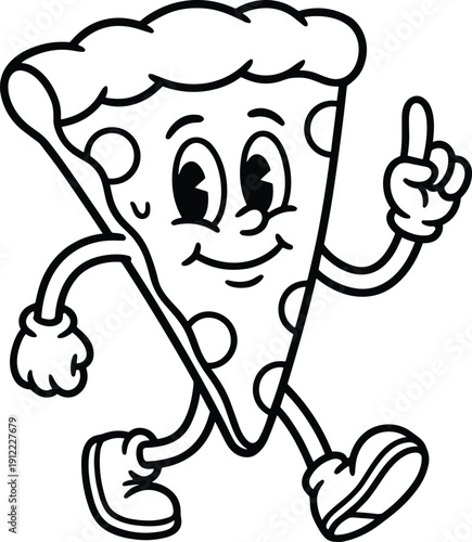 Cartoon pizza slice character with sneakers, pepperoni toppings and cheerful expression for food and kids theme - flat vector illustration