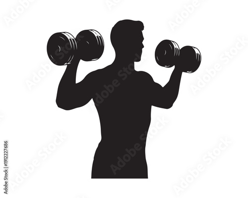 Silhouette of a man lifting dumbbells in a gym setting