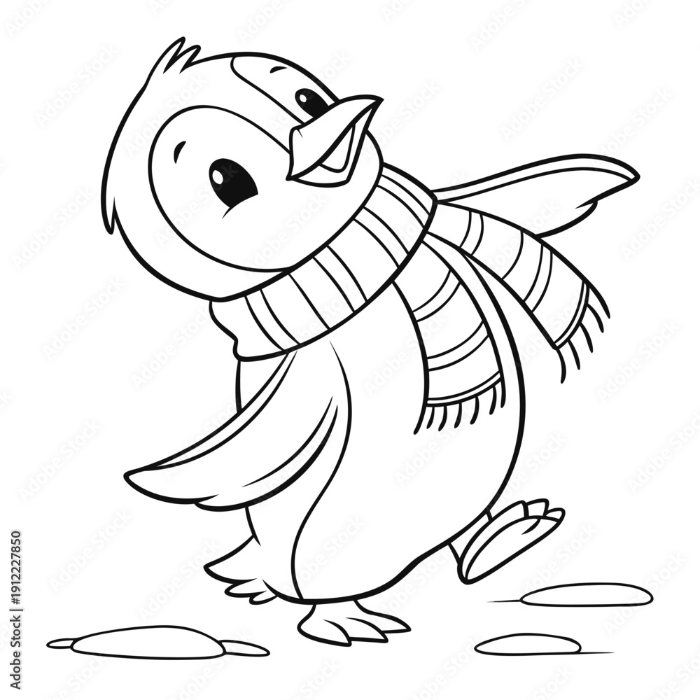 Fototapeta premium Cute cartoon penguin chick wearing a striped winter scarf happily walking outdoors leaving little footprints in the snow drawing outline