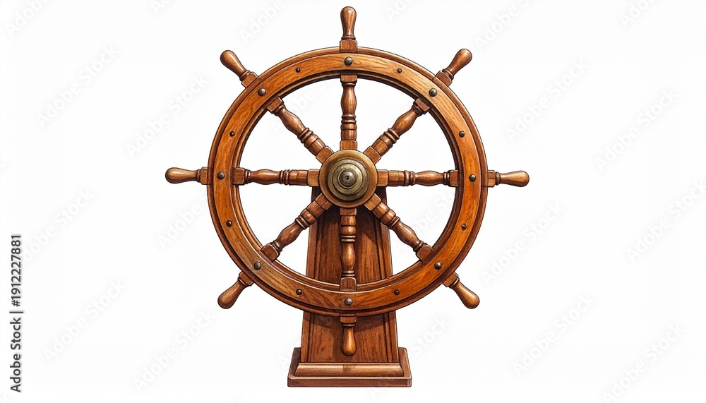 Obraz premium Vintage Wooden Ship’s Wheel Illustration on an Isolated White Background for Nautical, Leadership, and Maritime Navigation Concepts